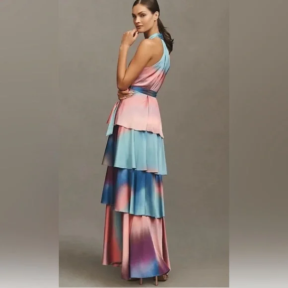Hutch Ombre Halter High-Low Tiered Dress - Blue & Pink - Picture 3 of 6